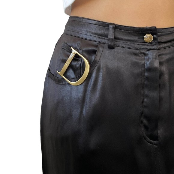 Christian Dior Vintage D Buckle Satin Skirt #40 Zip Black Gold [103155] - Picture 1 of 10